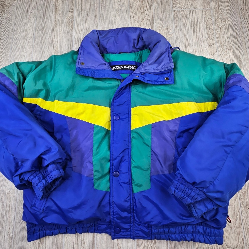 Vintage Mighty-Mac Norsac Duck Down Puffer Jacket Blue‎ Green Yellow Mens Large